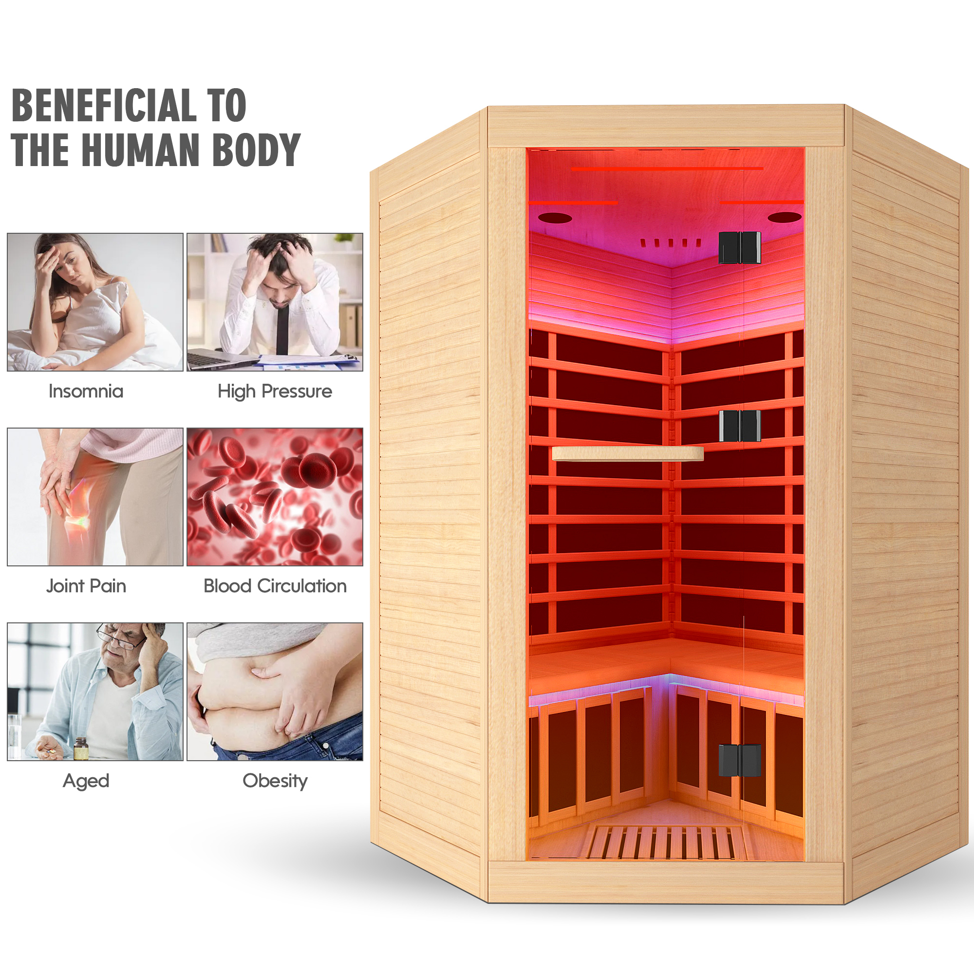 Moray 2-Person Indoor Pentagonal Infrared Sauna in Hemlock Wood with 9-Carbon Crystal Heaters and Chromotherapy Lighting