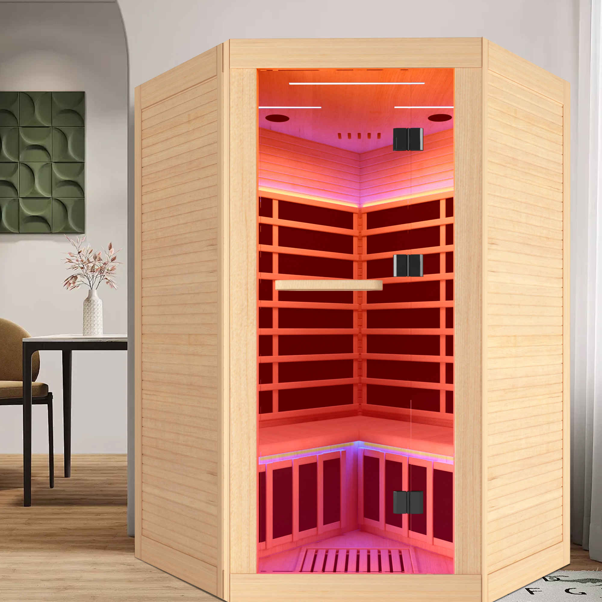 Moray 2-Person Indoor Pentagonal Infrared Sauna in Hemlock Wood with 9-Carbon Crystal Heaters and Chromotherapy Lighting