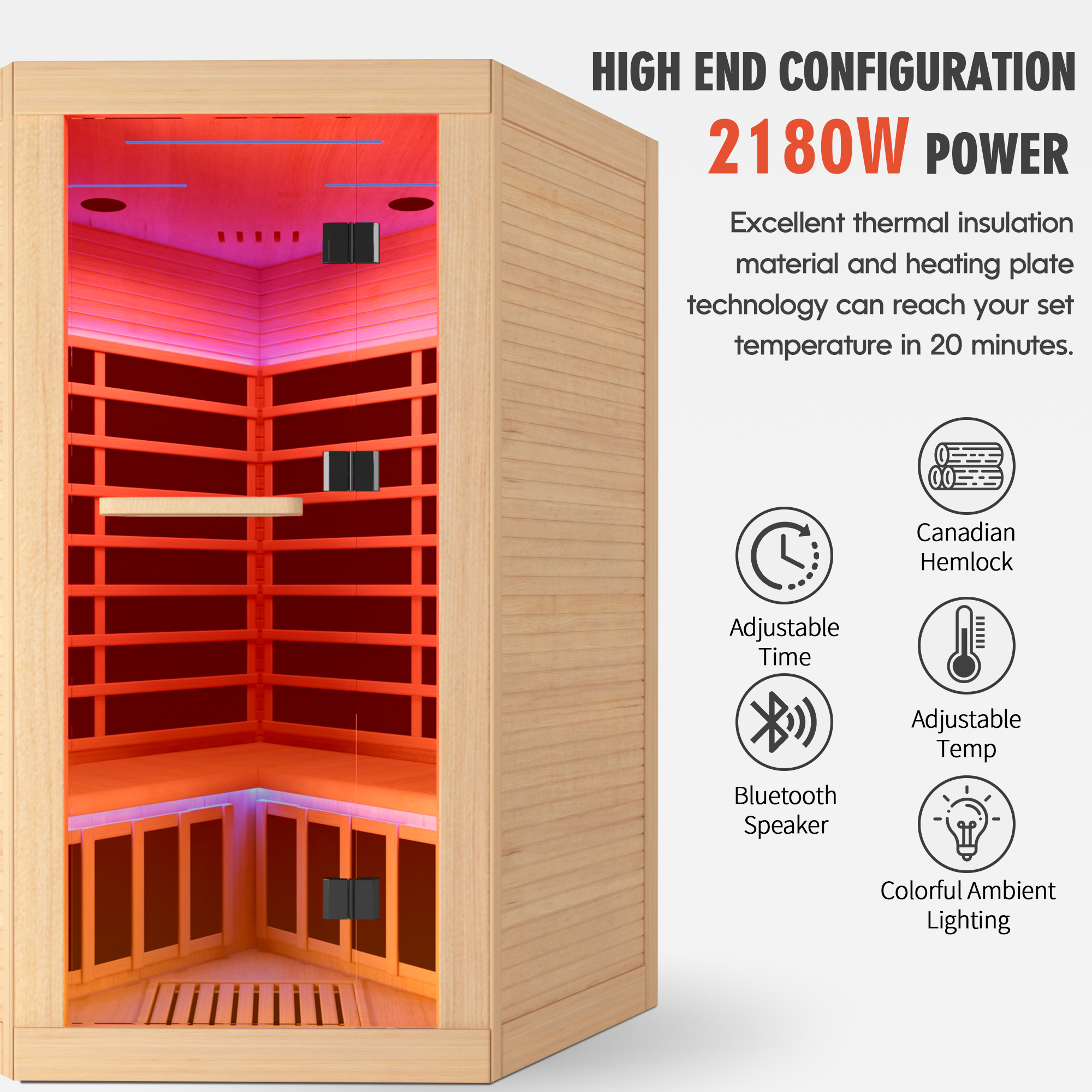 Moray 2-Person Indoor Pentagonal Infrared Sauna in Hemlock Wood with 9-Carbon Crystal Heaters and Chromotherapy Lighting