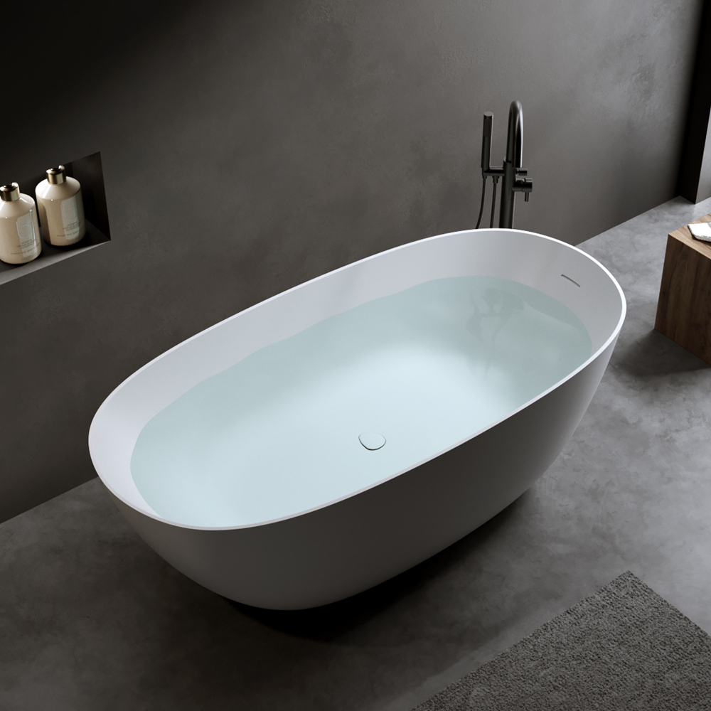 Moray 61 in. x 31 in. Solid Surface Stone Resin Flat Bottom Freestanding Thin-Edge Soaking Bathtub in Matte White