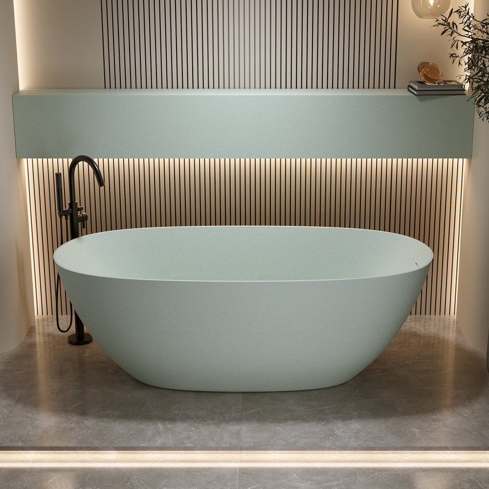 Moray 57 in. x 30.7 in. Solid Surface Stone Resin Flat Bottom Freestanding Thin-Edge Soaking Bathtub in Terrazzo Green