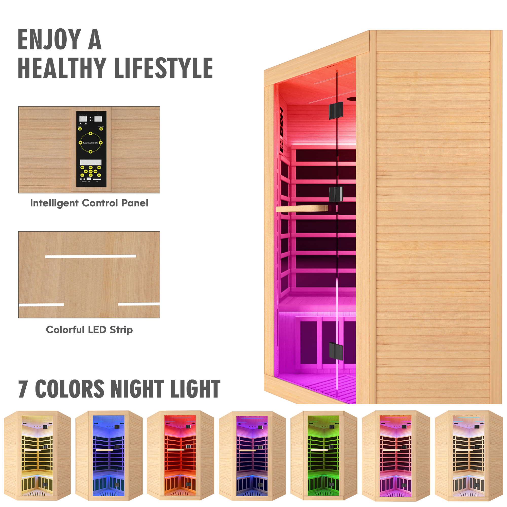 Moray 2-Person Indoor Pentagonal Infrared Sauna in Hemlock Wood with 9-Carbon Crystal Heaters and Chromotherapy Lighting