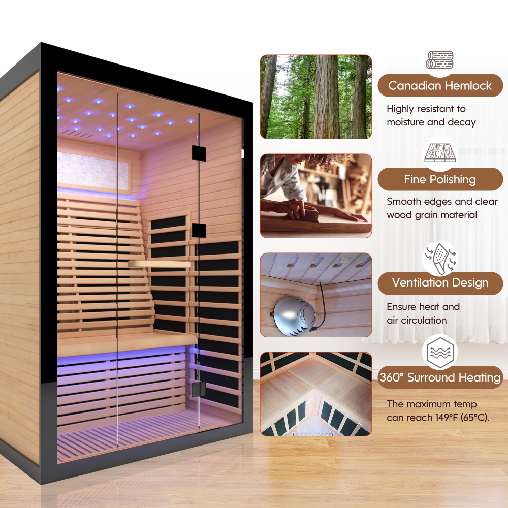Felixo 2-Person Indoor Canadian Hemlock Luxury Far Infrared Sauna with 8-Heating Panels and Chromotherapy Lights