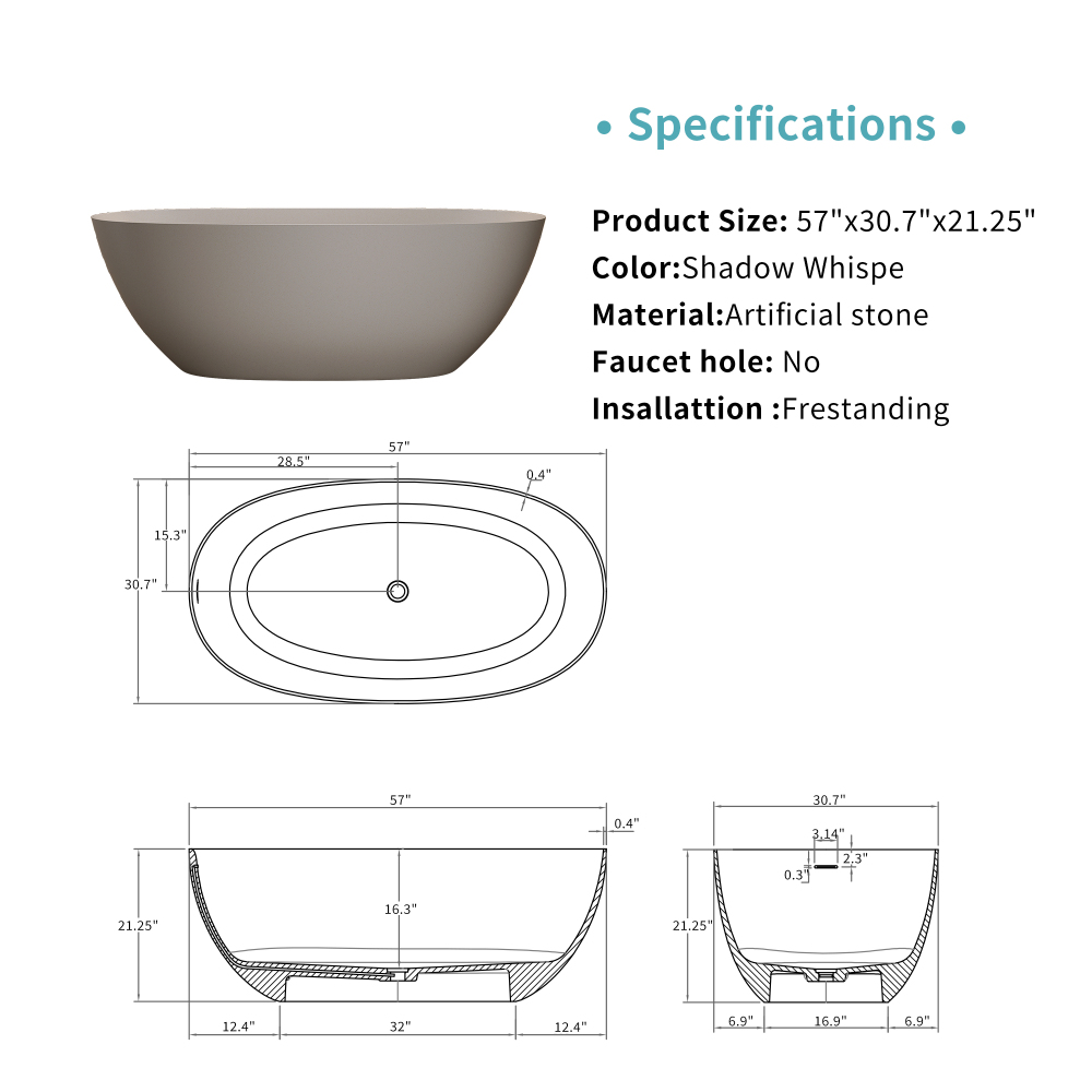 Moray 57 in. x 30.7 in. Solid Surface Stone Resin Flat Bottom Freestanding Thin-Edge Soaking Bathtub in Terrazzo Beige