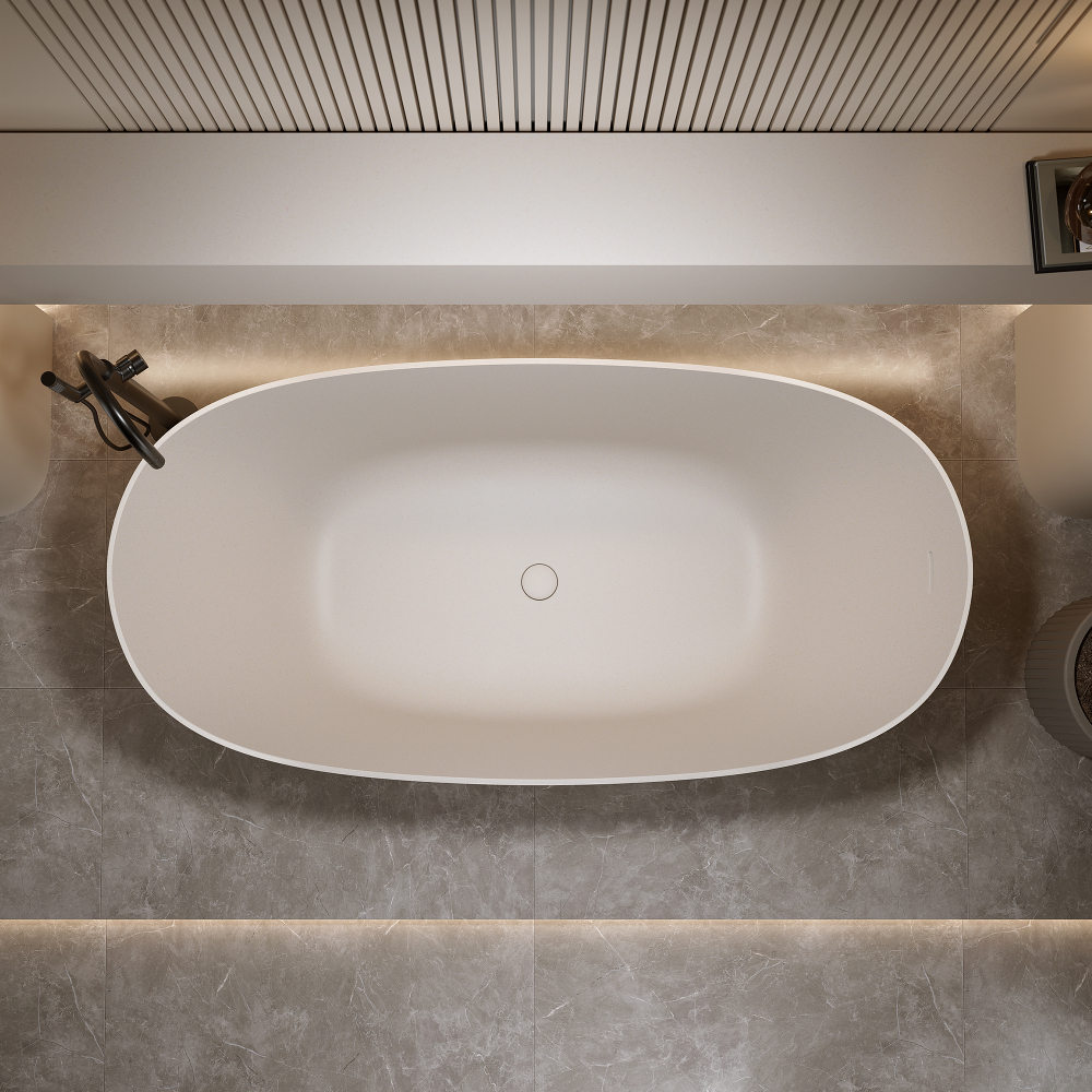 Moray 65 in. x 31.5 in. Solid Surface Stone Resin Flat Bottom Freestanding Thin-Edge Soaking Bathtub in Terrazzo Beige