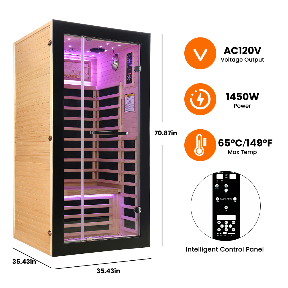 Moray 1-Person Indoor Infrared Sauna in Hemlock with Bluetooth Speakers, LED Lights, 7-Heating Panels, 1450-Watt