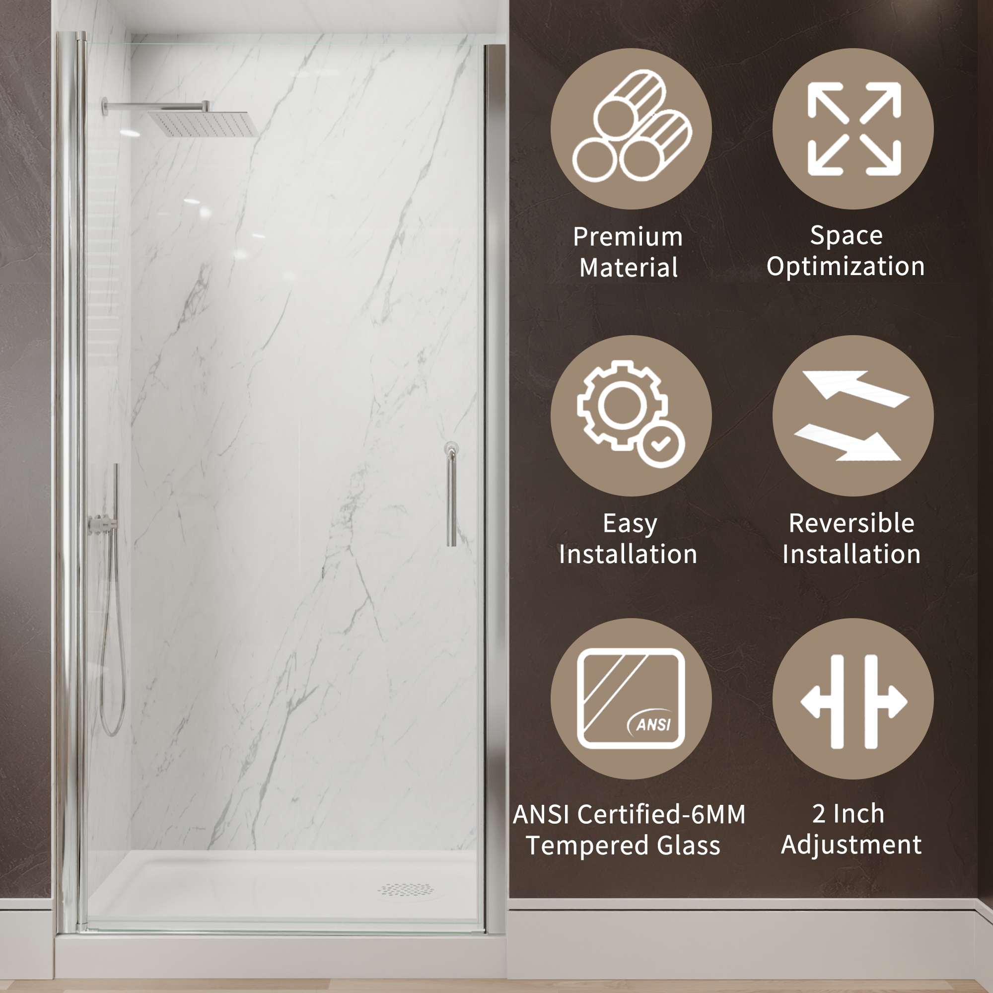 Xspracer 36 to 38 in. W x 72 in. H Pivot Swing Frameless Shower Door in Chrome with Clear Glass