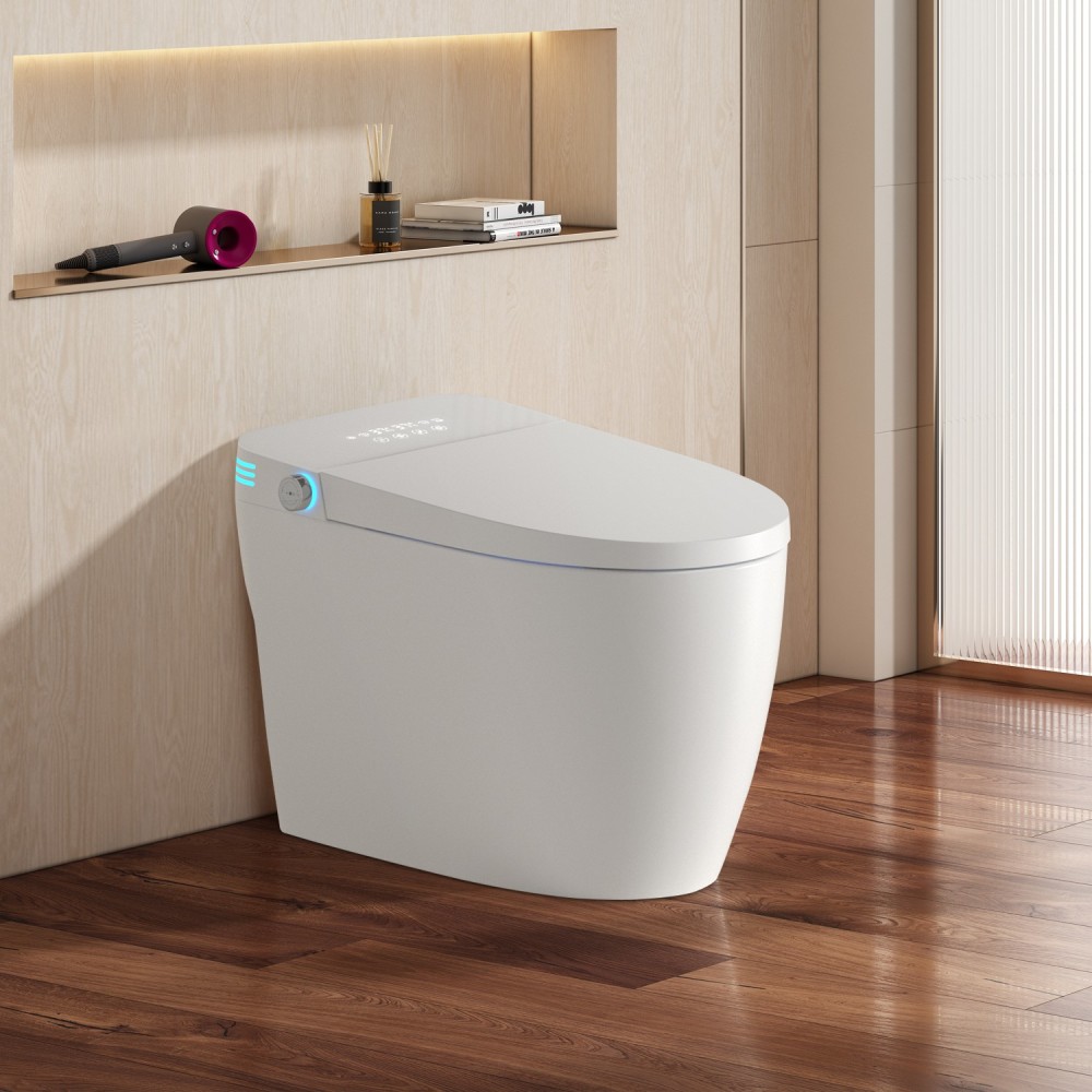 Elongated Smart Bidet Toilet 1.28 GPF in White with Heated Seat, Adjustable Temp, Warm Water Wash, and Dryer