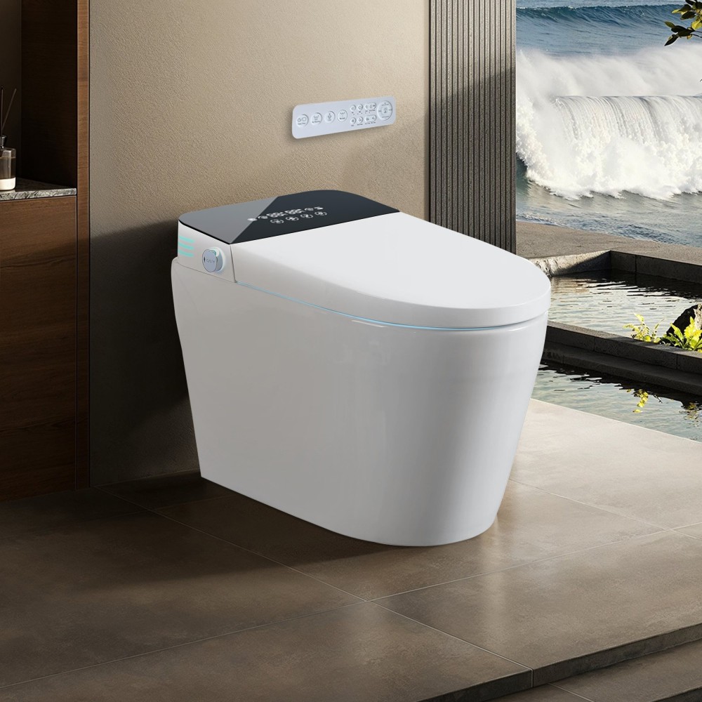 Elongated Smart Bidet Toilet 1.28 GPF in Black with Auto Open/Close, Heated Seat, Warm Water Wash, and Dryer