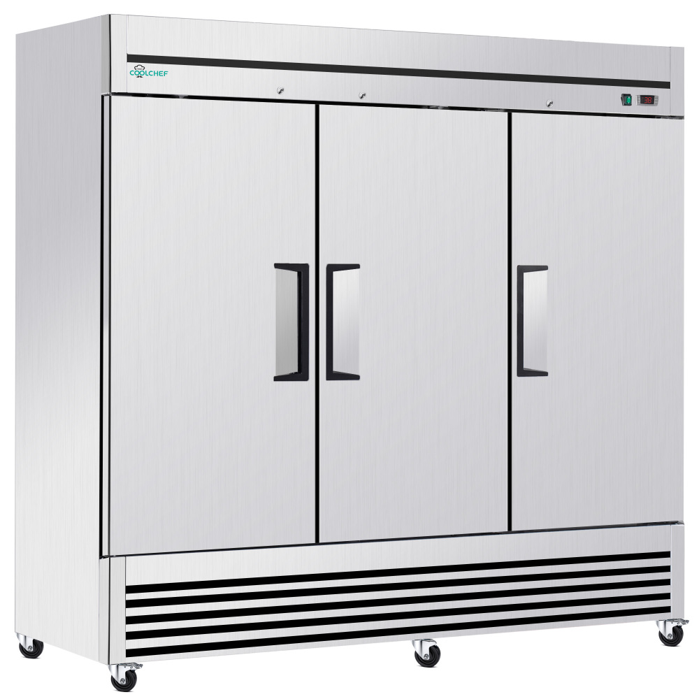 72" Cu Ft Commercial Reach-In Freezer, 3 Solid Door Stainless Steel Upright, -8–0°F Deep Freeze, 9 Heavy-Duty Shelves, R290, 110V