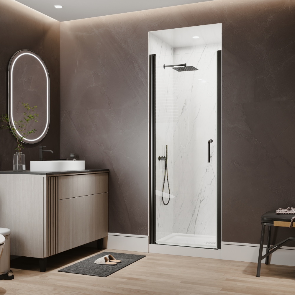 Xspracer 28 to 30 in. W x 72 in. H Pivot Swing Frameless Shower Door in Matte Black with Clear Glass