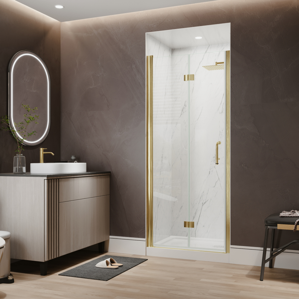 Xspracer 32 to 34 in. W x 72 in. H Bi-Fold Frameless Shower Door in Brushed Gold with Clear Glass