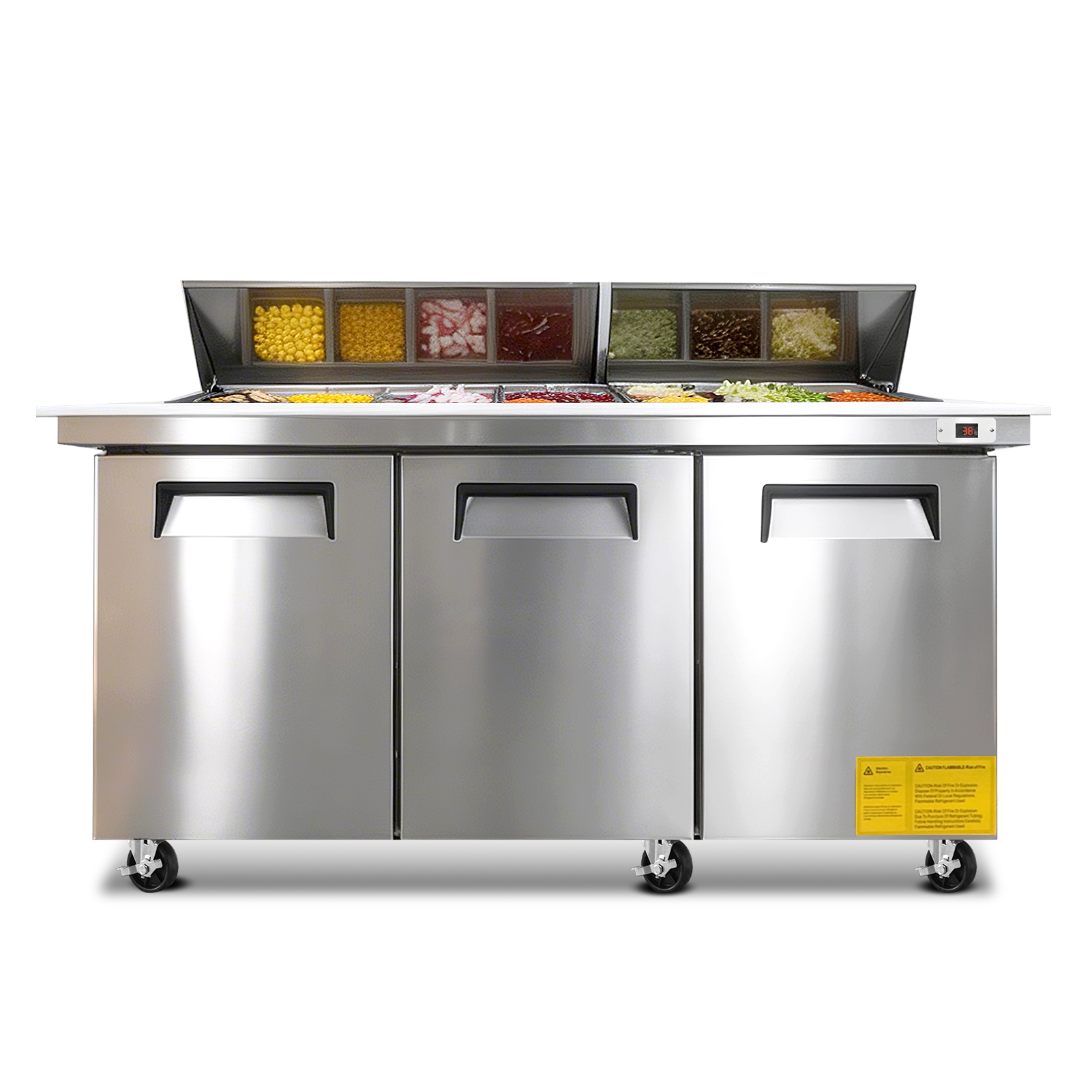 72M IN Commercial Refrigerators Sandwich&Salad Prep Table with a Butcher Block Cutting Board, Protection Lid, Cold Storage, ETL Certified