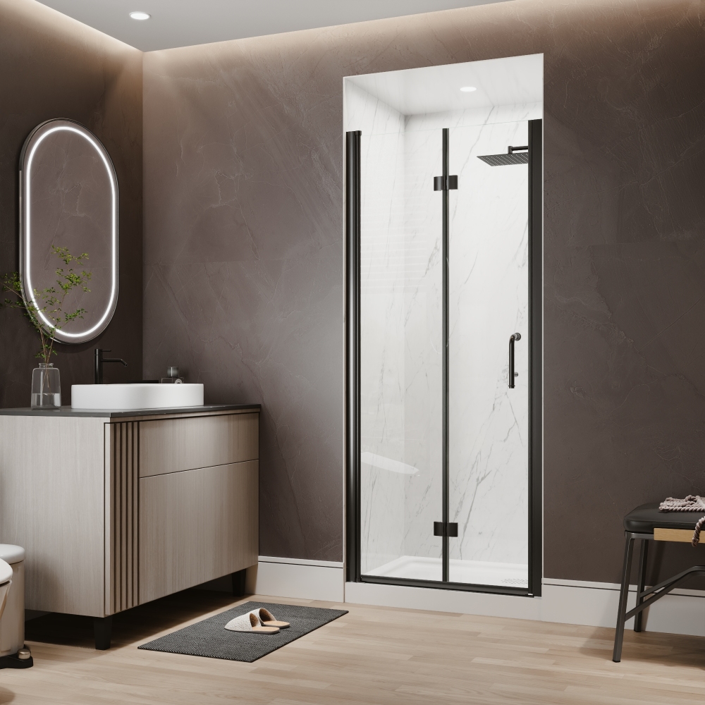 Xspracer 32 to 34 in. W x 72 in. H Bi-Fold Frameless Shower Door in Matte Black with Clear Glass