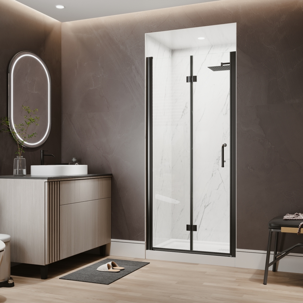 Xspracer 34 to 36 in. W x 72 in. H Bi-Fold Frameless Shower Door in Matte Black with Clear Glass