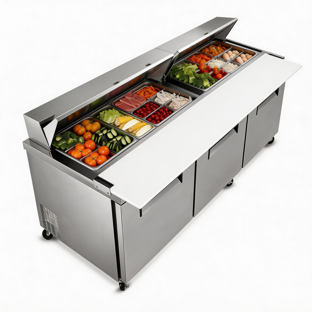 72M IN Commercial Refrigerators Sandwich&Salad Prep Table with a Butcher Block Cutting Board, Protection Lid, Cold Storage, ETL Certified