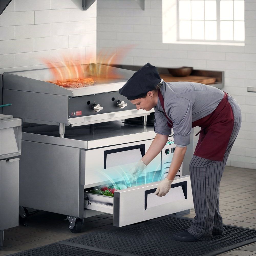 36 Inch Refrigerated Chef Base 2 Drawer Undercounter Refrigerator 6.5 Cu Ft 33 41F Ventilated Cooling R290