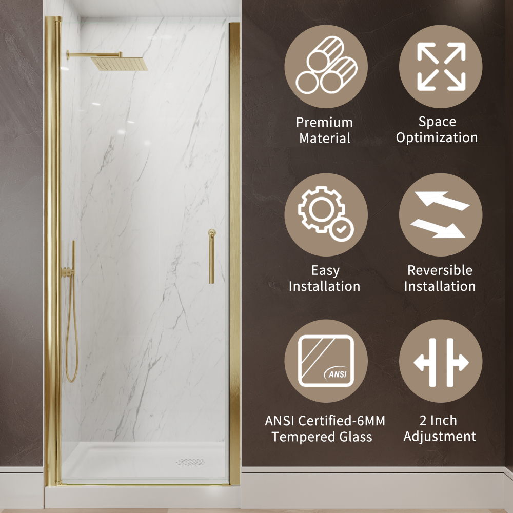 Xspracer 30 to 32 in. W x 72 in. H Pivot Swing Frameless Shower Door in Brushed Gold with Clear Glass