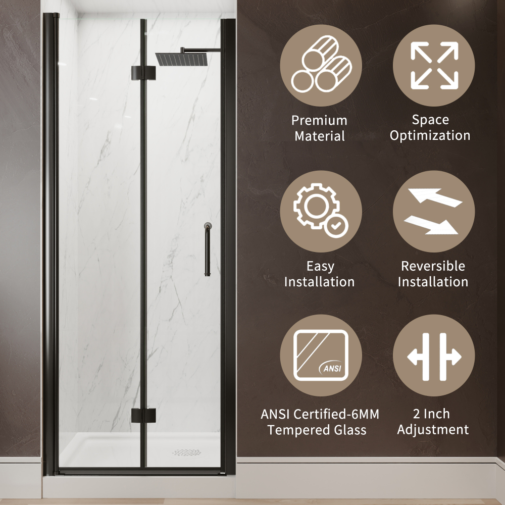Xspracer 30 to 32 in. W x 72 in. H Bi-Fold Frameless Shower Door in Matte Black with Clear Glass