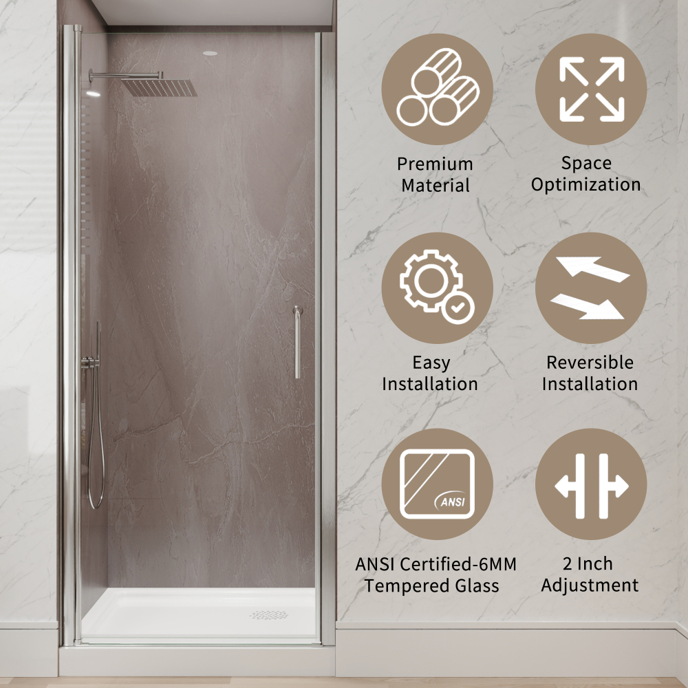 Xspracer 32 to 34 in. W x 72 in. H Pivot Swing Frameless Shower Door in Brushed Nickel with Clear Glass