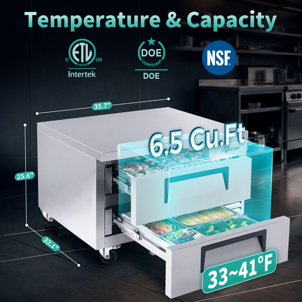 36 Inch Refrigerated Chef Base 2 Drawer Undercounter Refrigerator 6.5 Cu Ft 33 41F Ventilated Cooling R290