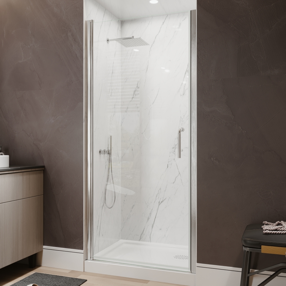 Xspracer 34 to 36 in. W x 72 in. H Pivot Swing Frameless Shower Door in Brushed Nickel with Clear Glass