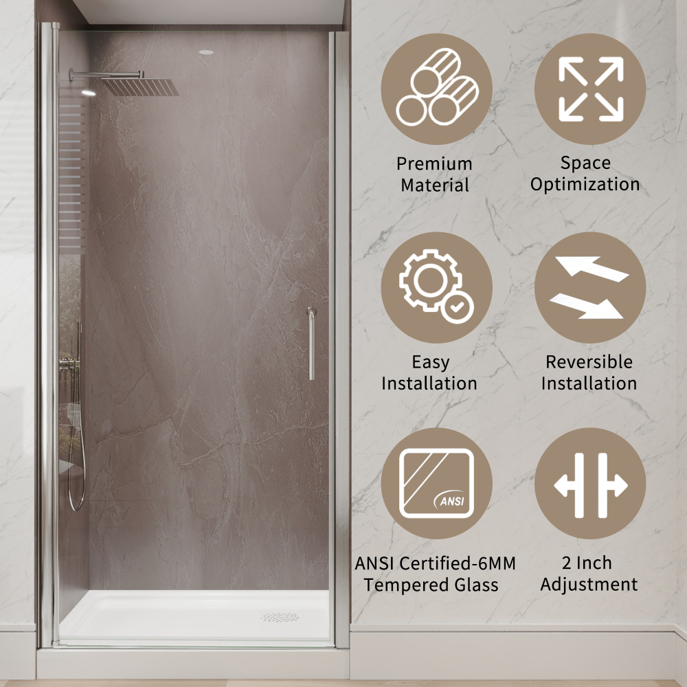 Xspracer 36 to 38 in. W x 72 in. H Pivot Swing Frameless Shower Door in Brushed Nickel with Clear Glass