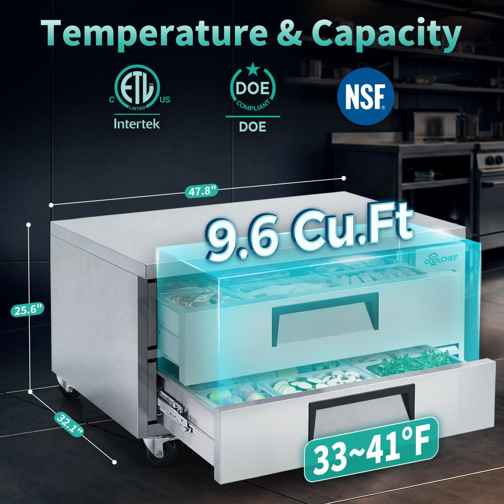 48" Refrigerated Chef Base 2 Drawer Undercounter Refrigerator 33 41F Ventilated Cooling