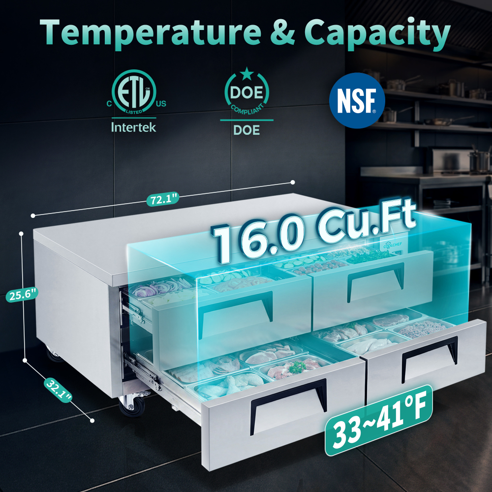 72 " Refrigerated Chef Base 4 Drawer Undercounter Refrigerator Ventilated Cooling Auto Defrost ETL NSF