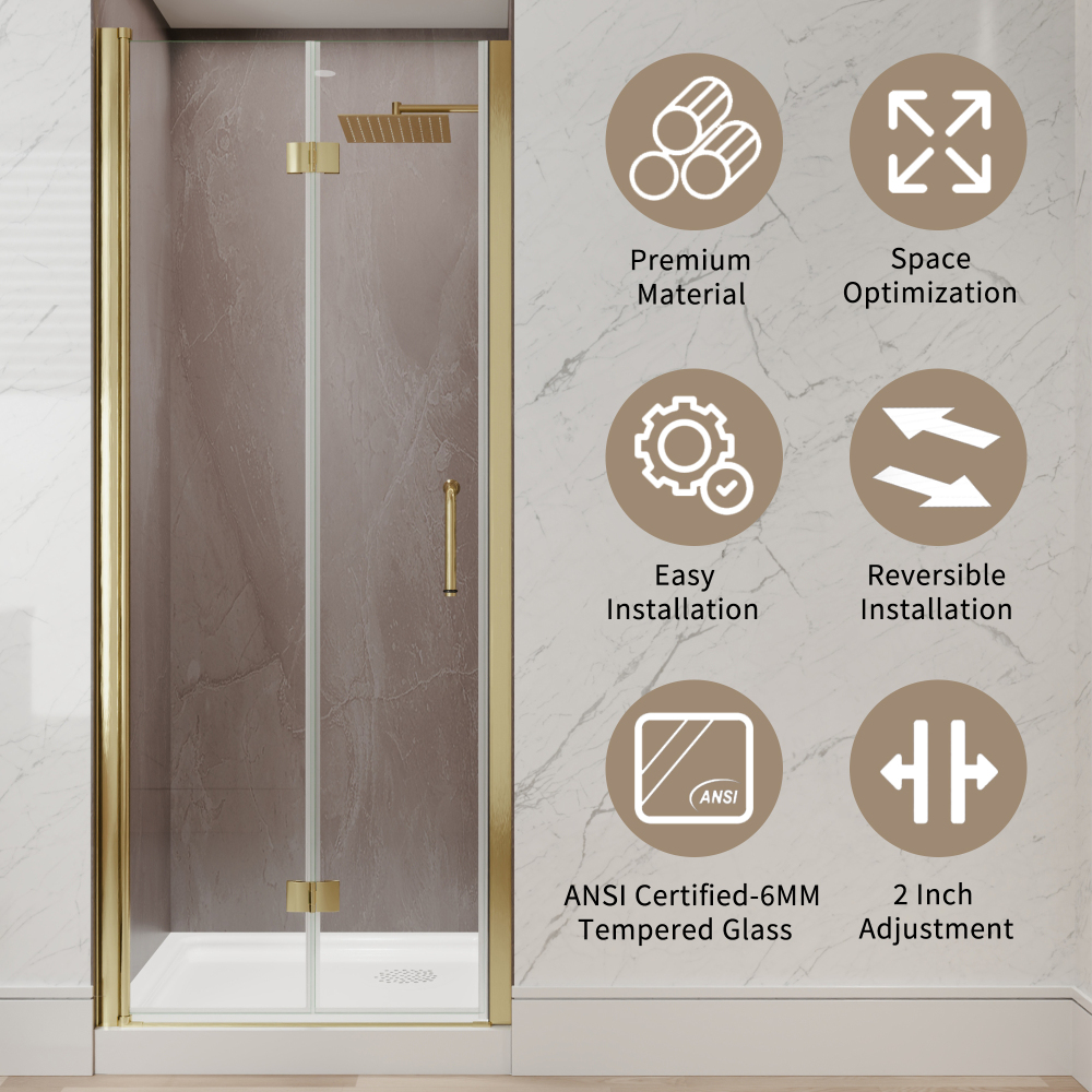 Xspracer 30 to 32 in. W x 72 in. H Bi-Fold Frameless Shower Door in Brushed Gold with Clear Glass
