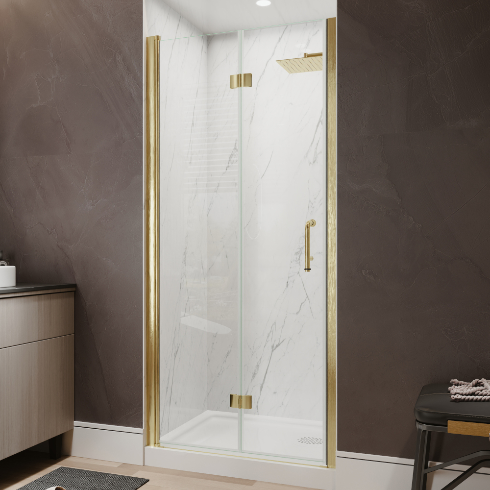 Xspracer 34 to 36 in. W x 72 in. H Bi-Fold Frameless Shower Door in Brushed Gold with Clear Glass