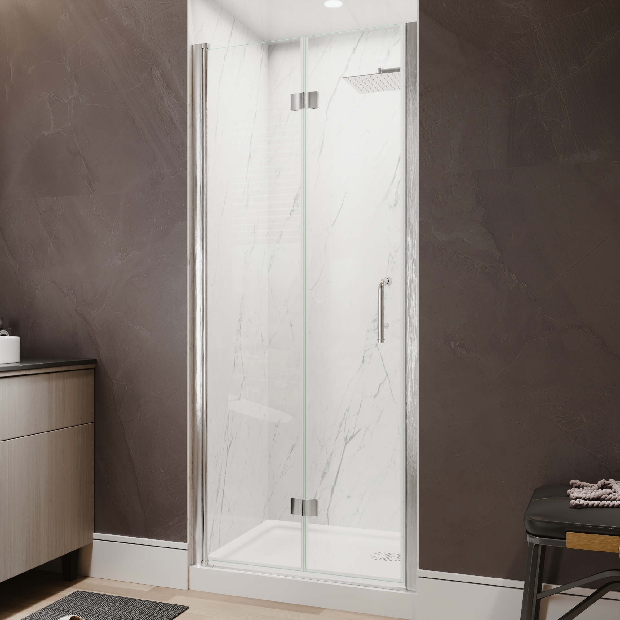 Xspracer 32 to 34 in. W x 72 in. H Bi-Fold Frameless Shower Door in Brushed Nickel with Clear Glass