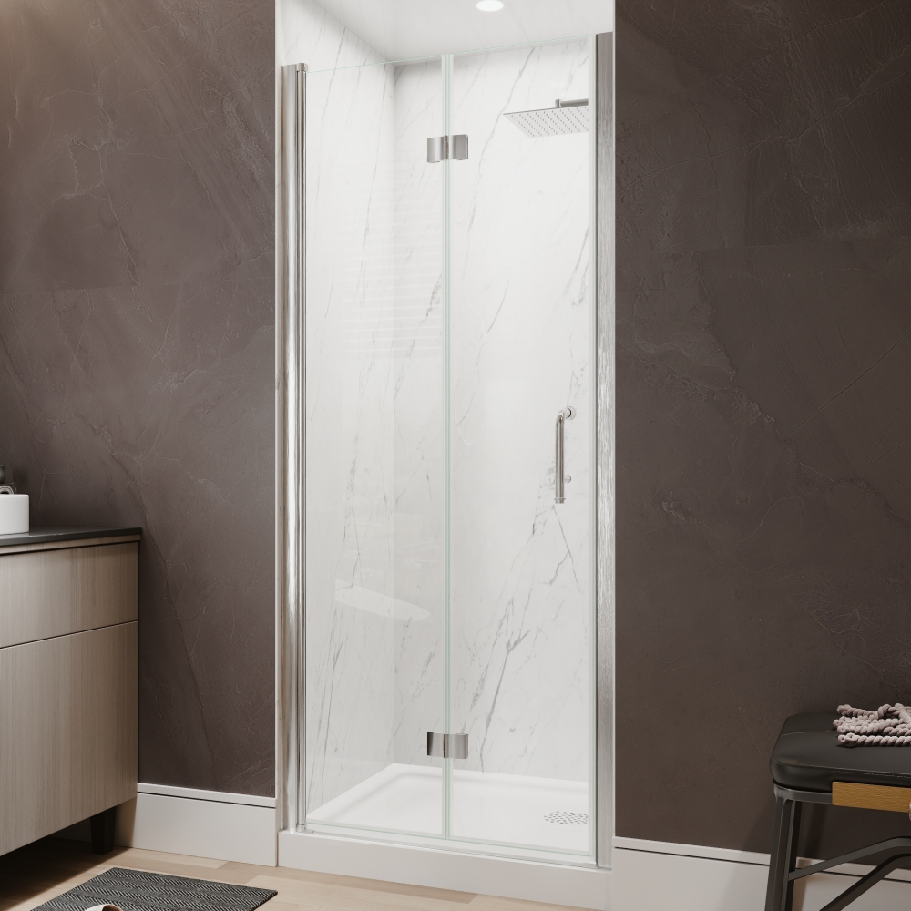 Xspracer 32 to 34 in. W x 72 in. H Bi-Fold Frameless Shower Door in Brushed Nickel with Clear Glass