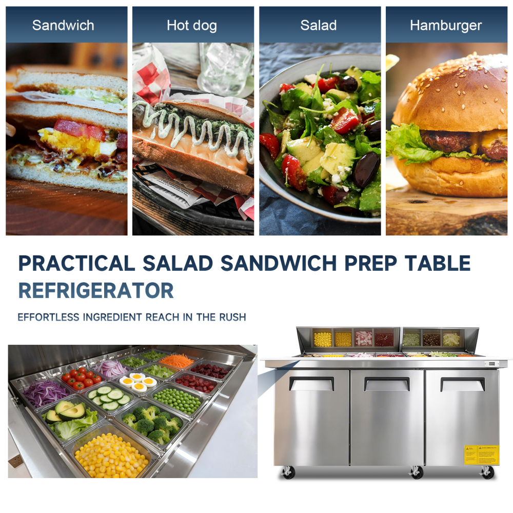72M IN Commercial Refrigerators Sandwich&Salad Prep Table with a Butcher Block Cutting Board, Protection Lid, Cold Storage, ETL Certified