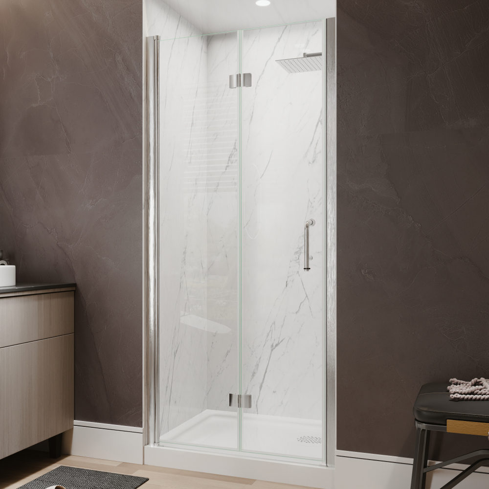 Xspracer 34 to 36 in. W x 72 in. H Bi-Fold Frameless Shower Door in Brushed Nickel with Clear Glass