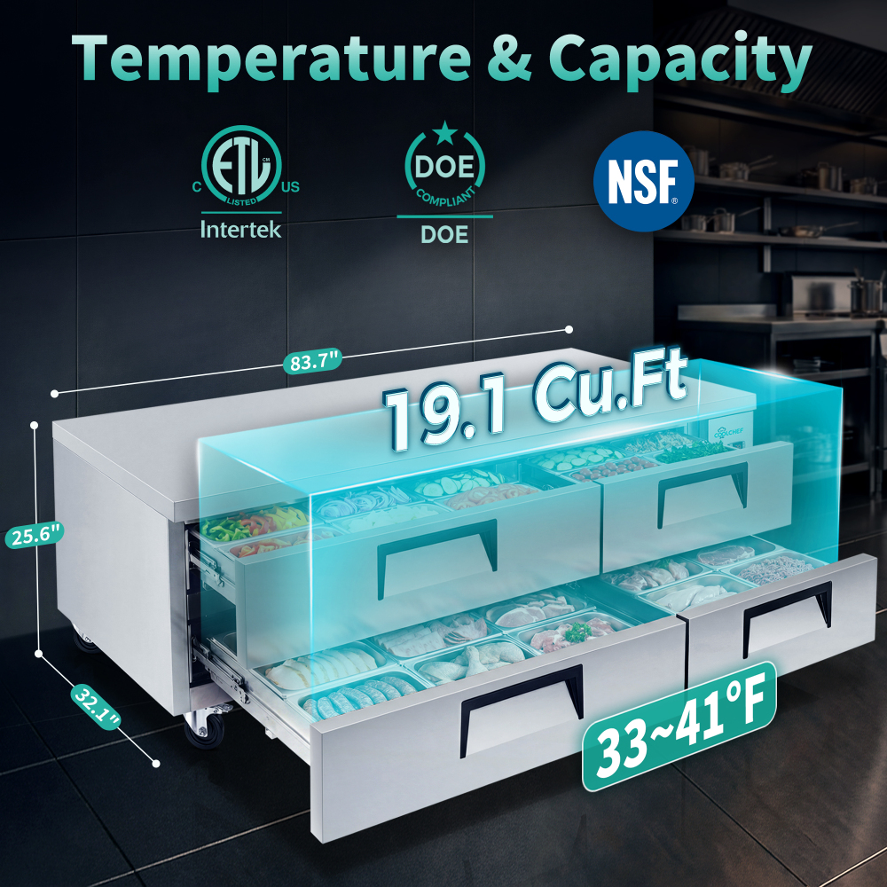 84 " Refrigerated Chef Base 4 Drawer Undercounter Refrigerator 19.1 Cu Ft R290 Ventilated Cooling