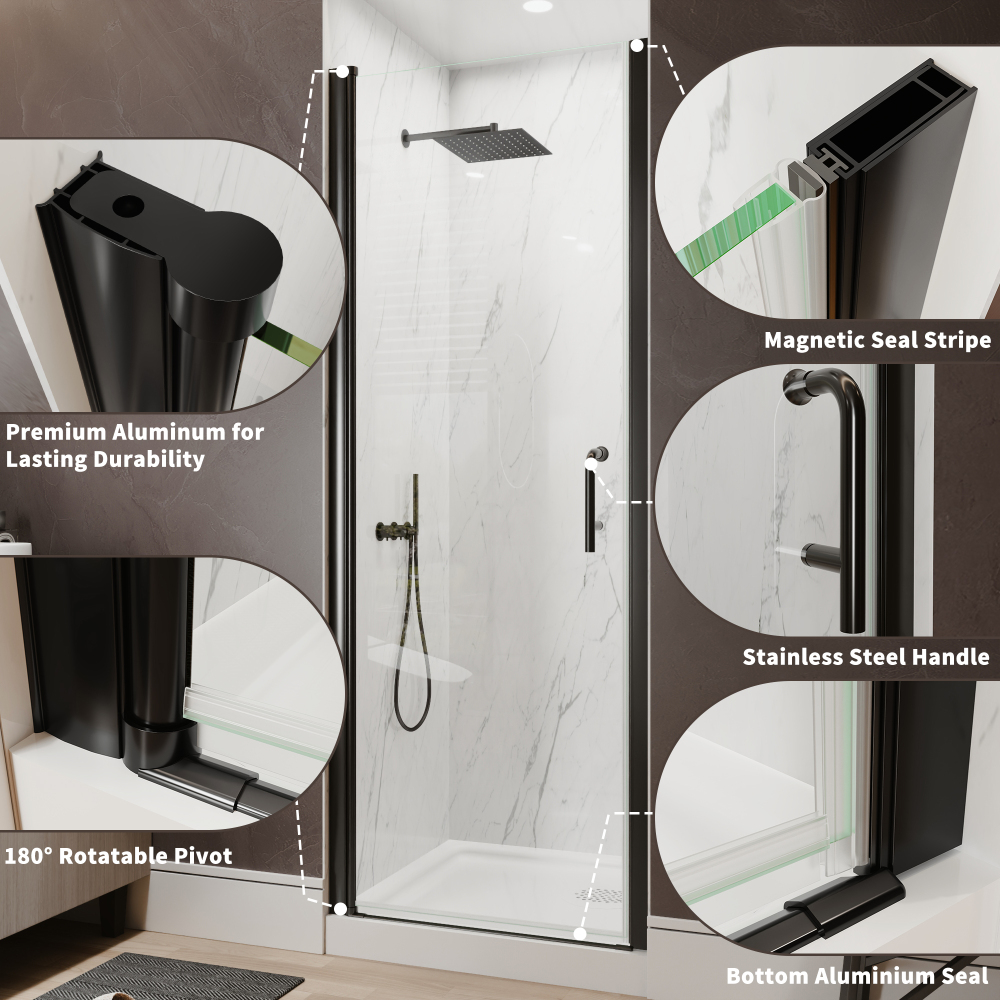 Xspracer 28 to 30 in. W x 72 in. H Pivot Swing Frameless Shower Door in Matte Black with Clear Glass