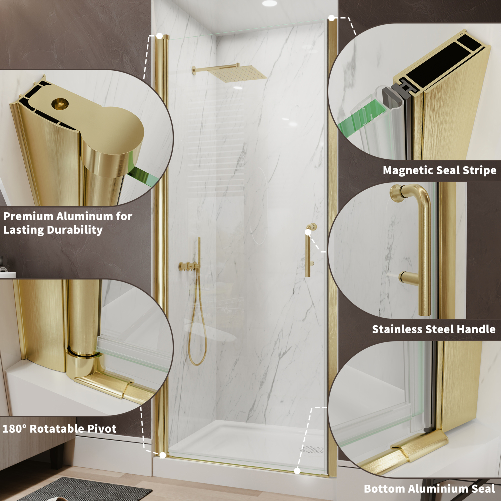 Xspracer 32 to 34 in. W x 72 in. H Pivot Swing Frameless Shower Door in Brushed Gold with Clear Glass