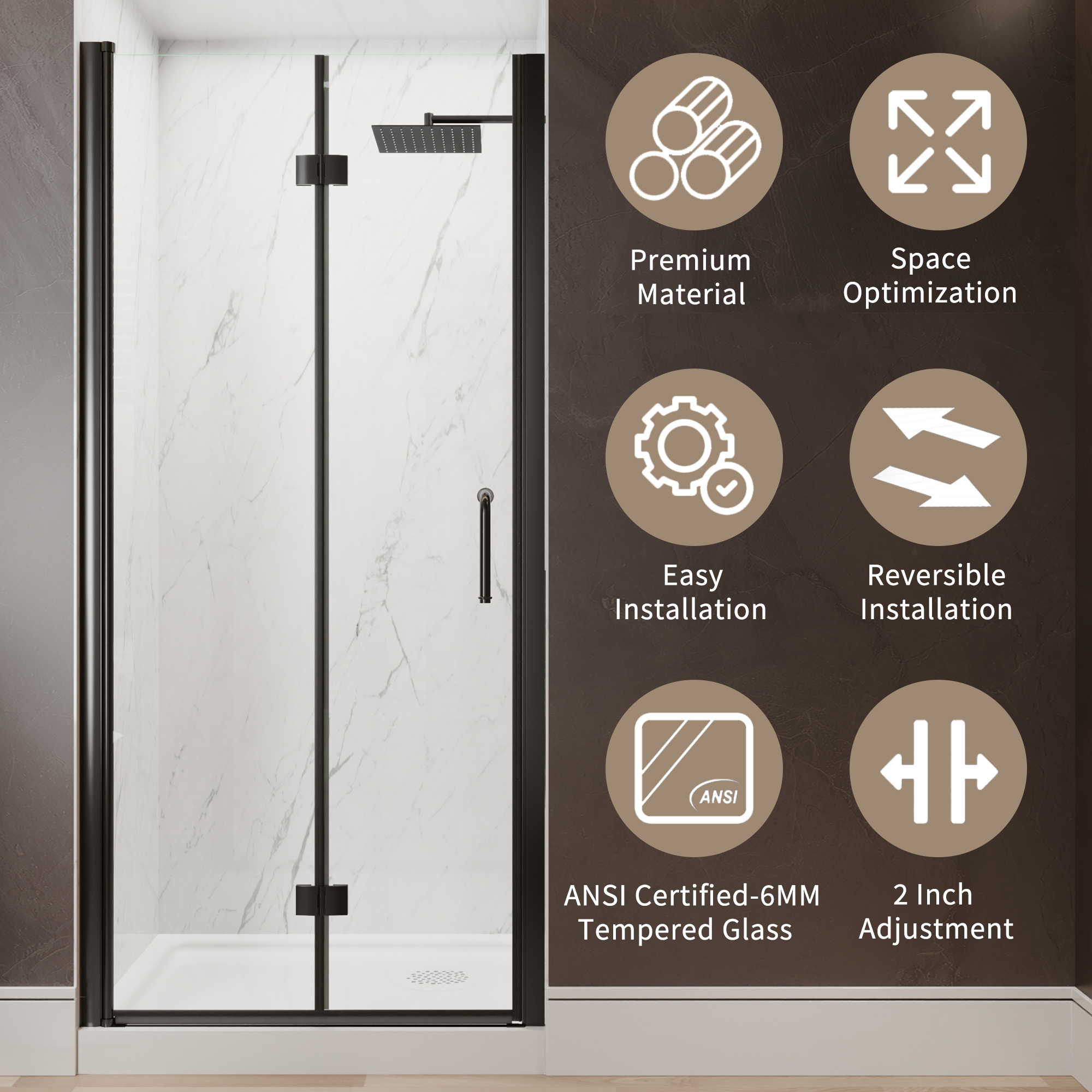 Xspracer 34 to 36 in. W x 72 in. H Bi-Fold Frameless Shower Door in Matte Black with Clear Glass