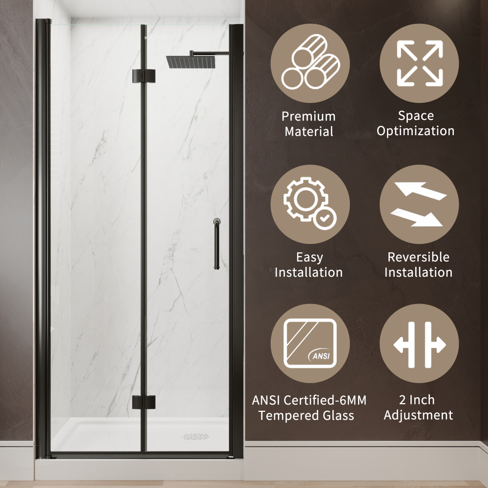 Xspracer 34 to 36 in. W x 72 in. H Bi-Fold Frameless Shower Door in Matte Black with Clear Glass