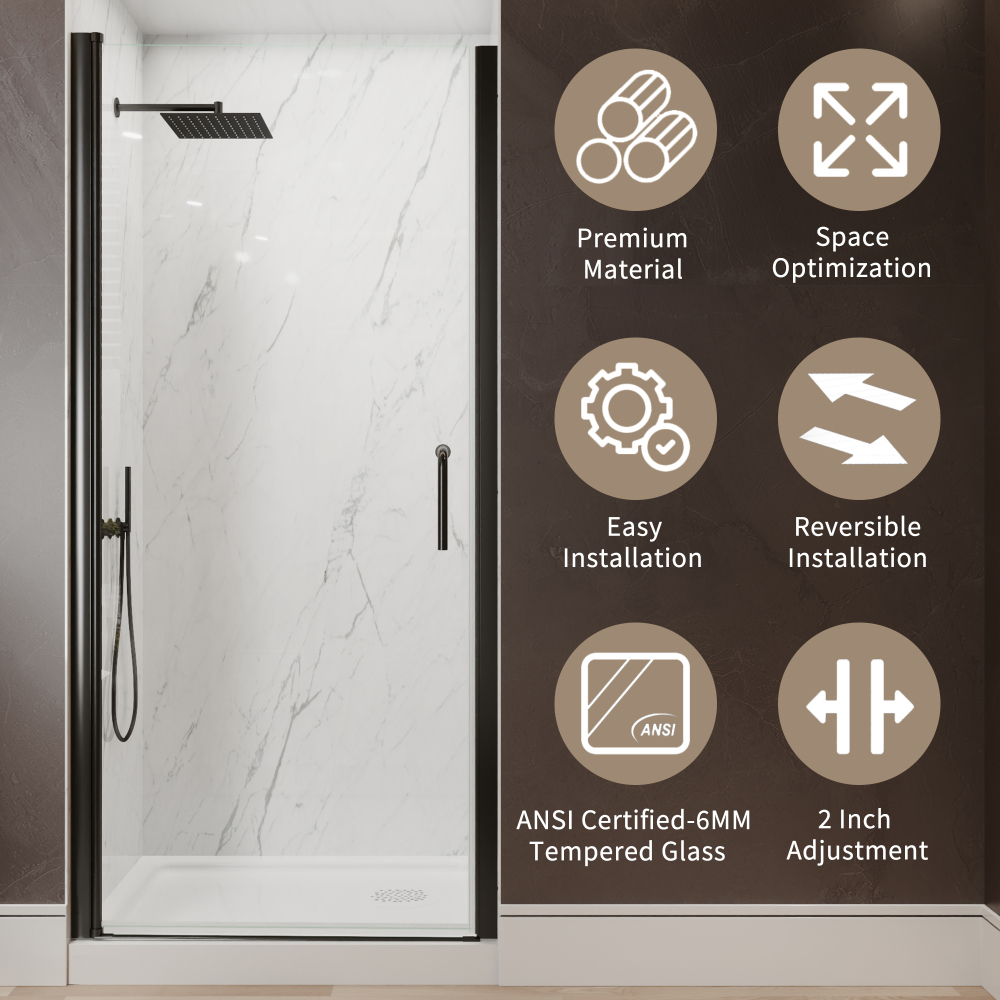 Xspracer 34 to 36 in. W x 72 in. H Pivot Swing Frameless Shower Door in Matte Black with Clear Glass