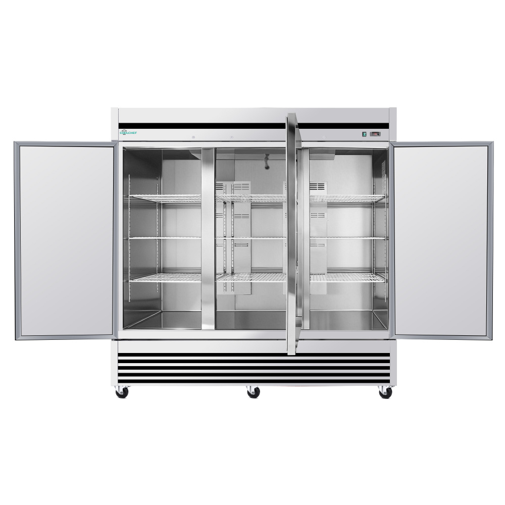 72" Cu Ft Commercial Reach-In Freezer, 3 Solid Door Stainless Steel Upright, -8–0°F Deep Freeze, 9 Heavy-Duty Shelves, R290, 110V