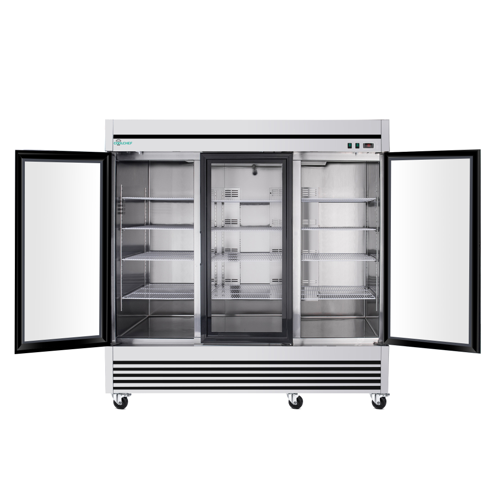 72" Cu Ft Three Glass Door Commercial Reach-In Display Freezer, Triple-Door Upright Deep Freezer -8–0°F, Heated Glass, R290, ETL DOE