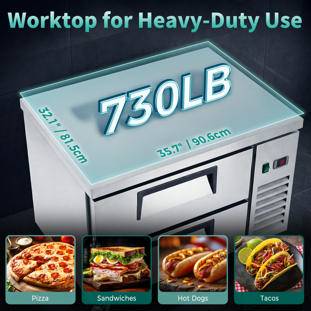 36 Inch Refrigerated Chef Base 2 Drawer Undercounter Refrigerator 6.5 Cu Ft 33 41F Ventilated Cooling R290