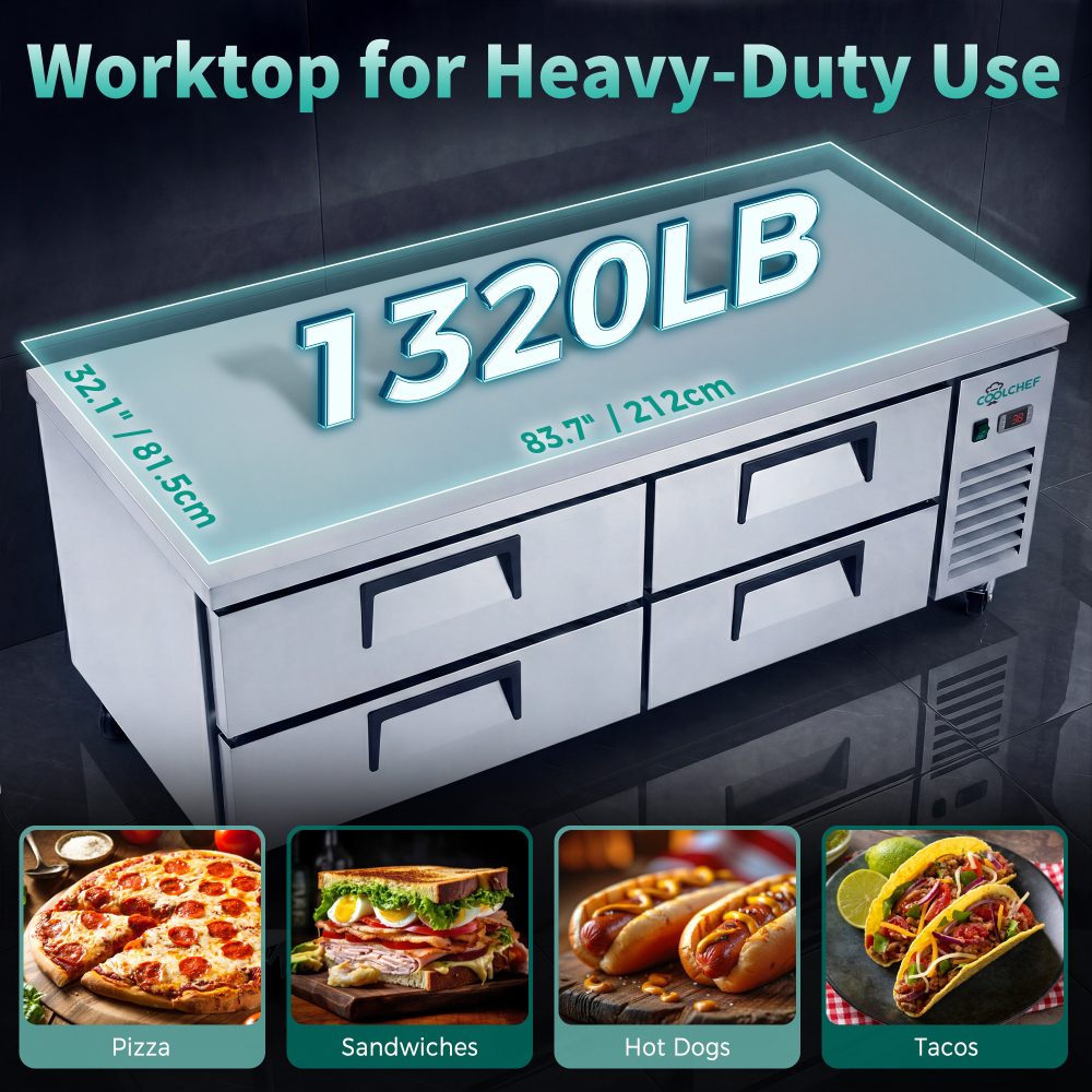 84 " Refrigerated Chef Base 4 Drawer Undercounter Refrigerator 19.1 Cu Ft R290 Ventilated Cooling