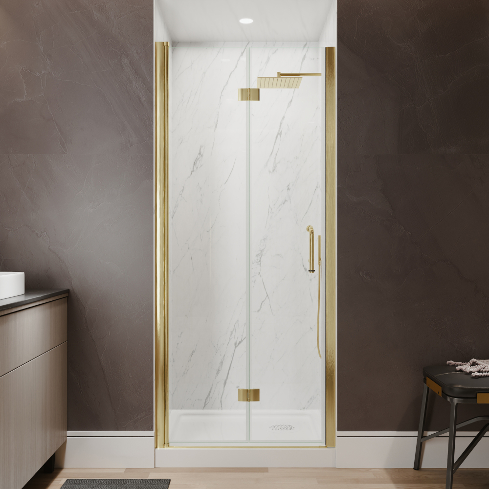 Xspracer 32 to 34 in. W x 72 in. H Bi-Fold Frameless Shower Door in Brushed Gold with Clear Glass