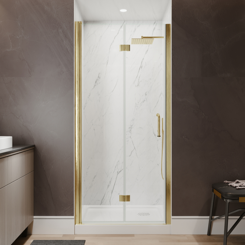 Xspracer 34 to 36 in. W x 72 in. H Bi-Fold Frameless Shower Door in Brushed Gold with Clear Glass