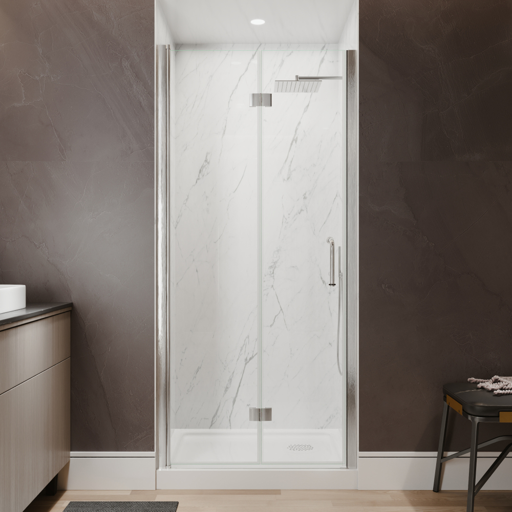 Xspracer 34 to 36 in. W x 72 in. H Bi-Fold Frameless Shower Door in Brushed Nickel with Clear Glass
