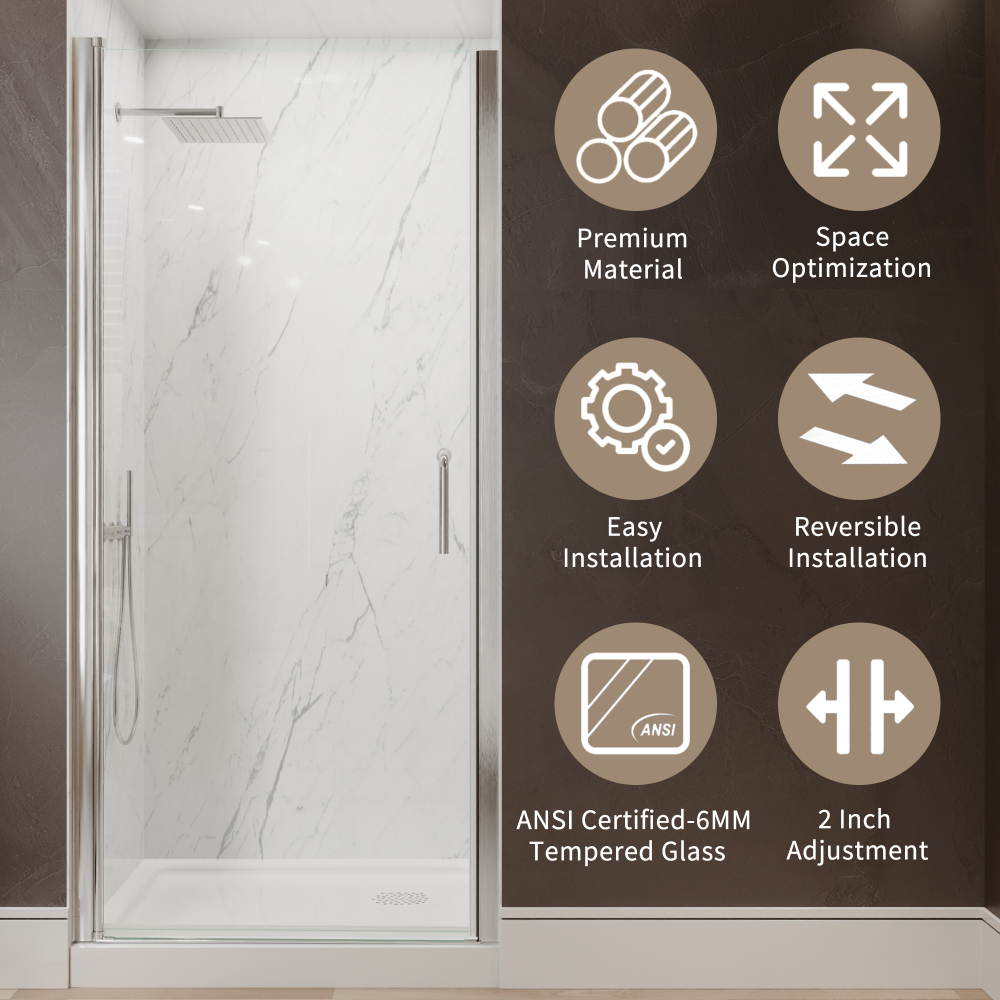 Xspracer 34 to 36 in. W x 72 in. H Pivot Swing Frameless Shower Door in Brushed Nickel with Clear Glass