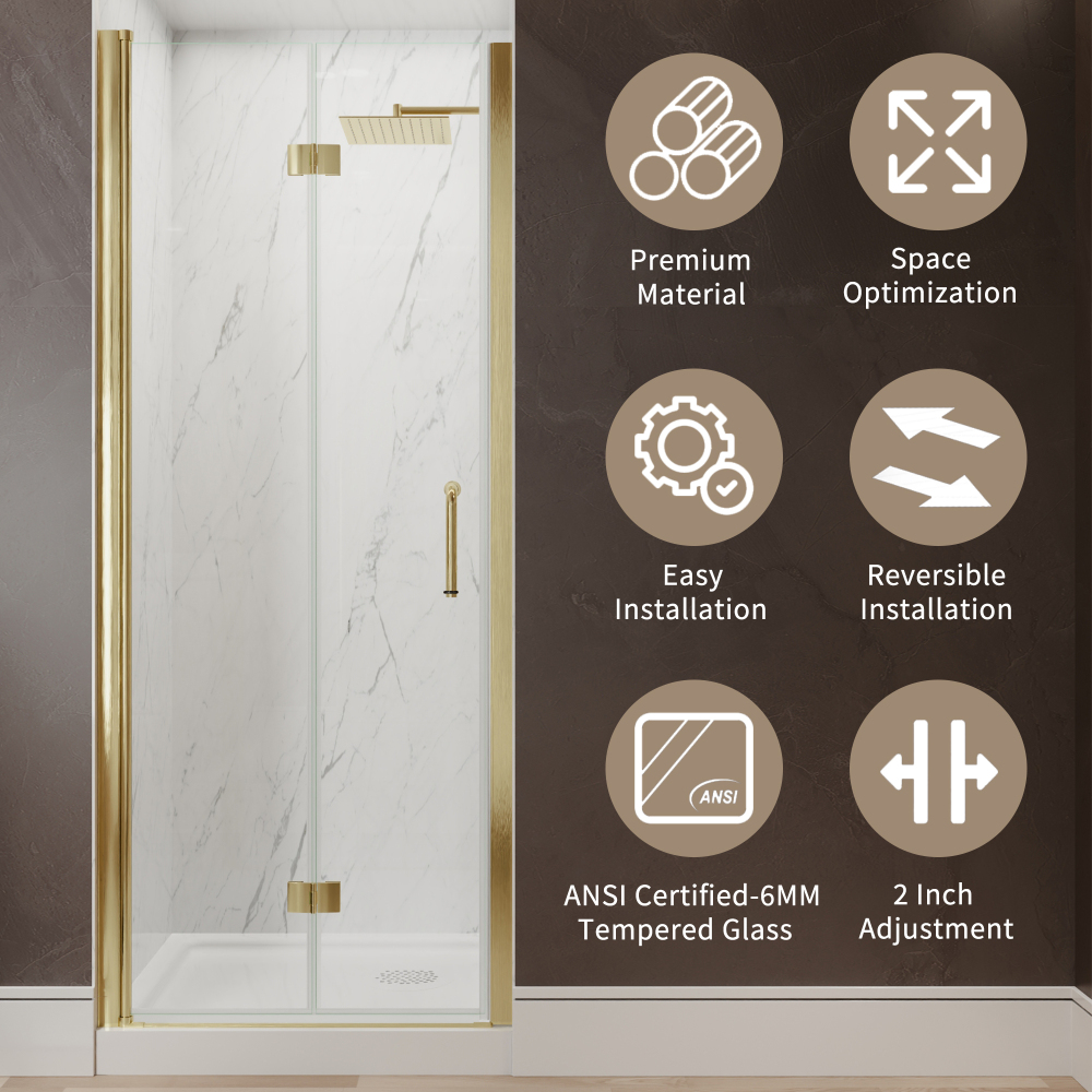 Xspracer 30 to 32 in. W x 72 in. H Bi-Fold Frameless Shower Door in Brushed Gold with Clear Glass